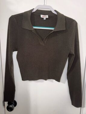 Wayf Olive Ribbed Collared Long-Sleeve Knit Top